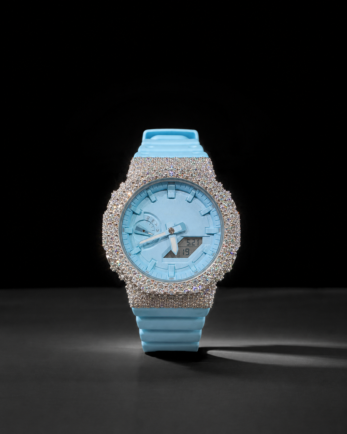 Sky Blue Iced Out Digital Analog Watch with Moissanite Stones