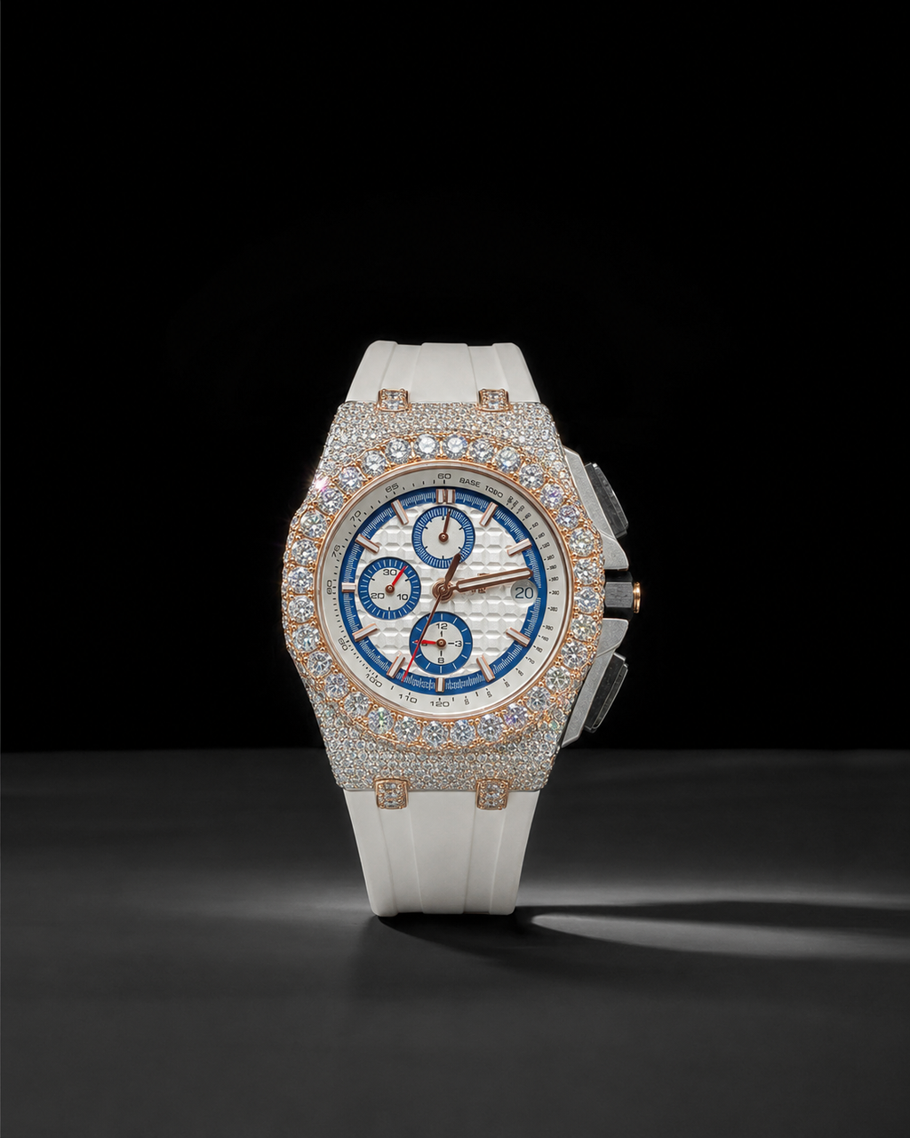 White Strap Iced Out Chronograph Watch with Rose Gold Finish