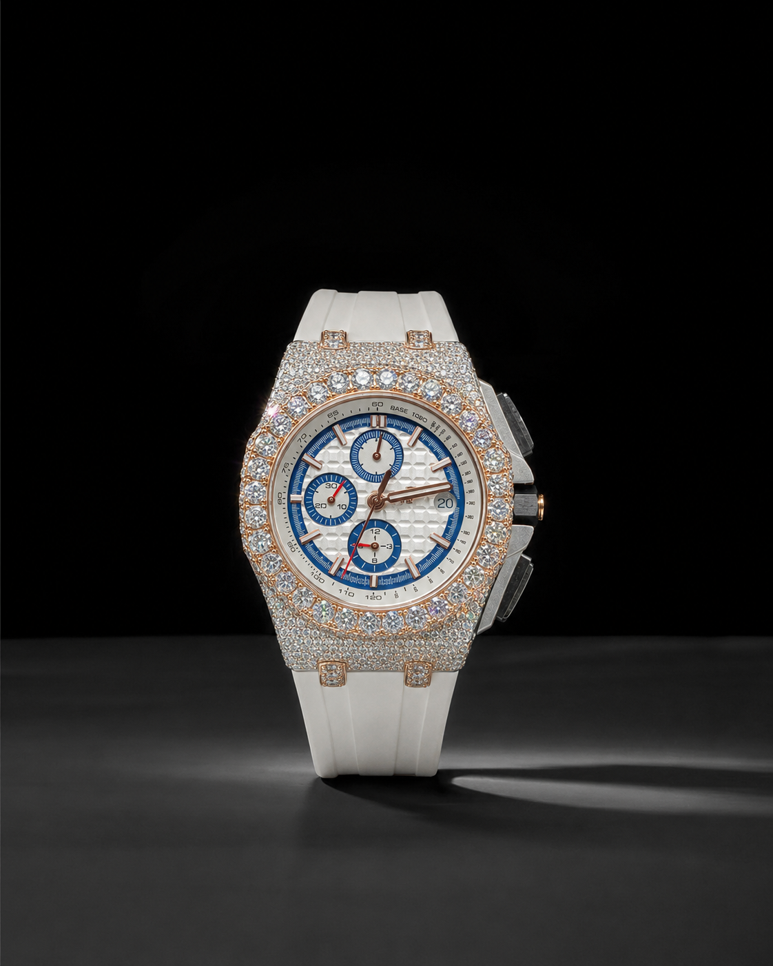 White Strap Iced Out Chronograph Watch with Rose Gold Finish