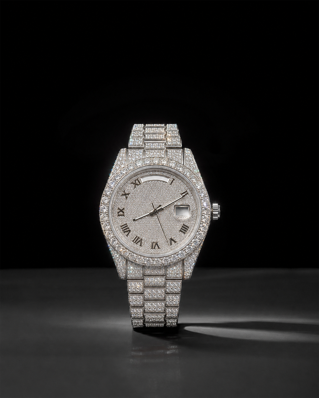 Iced Out Women’s Watch with VVS Moissanite and Roman Day-Date Dial