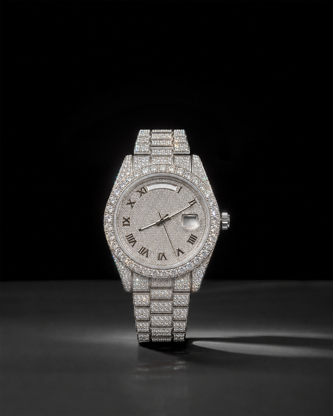 Iced Out Women’s Watch with VVS Moissanite and Roman Day-Date Dial