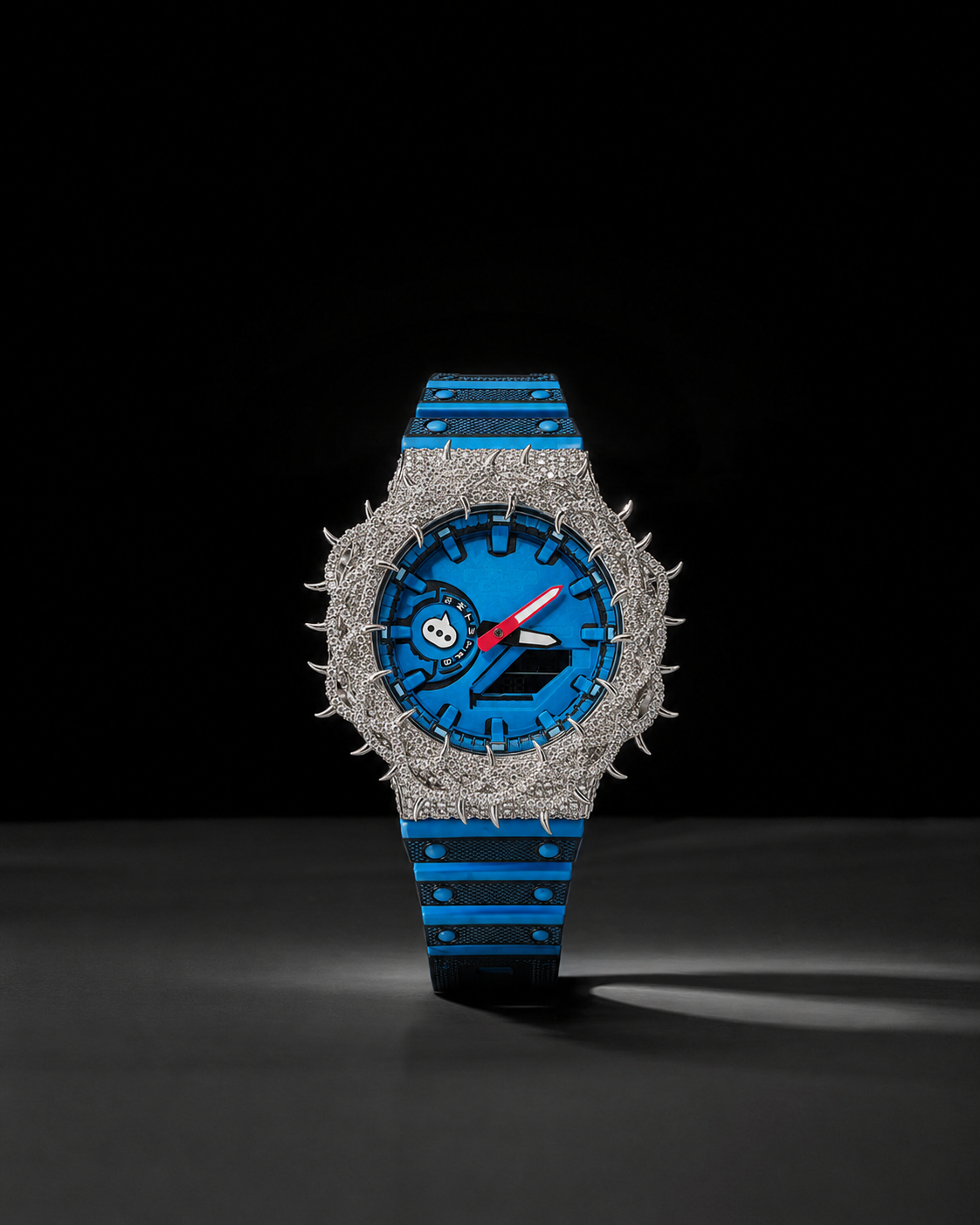 Blue Spiked Iced Out Watch with Moissanite Stones and Rubber Strap