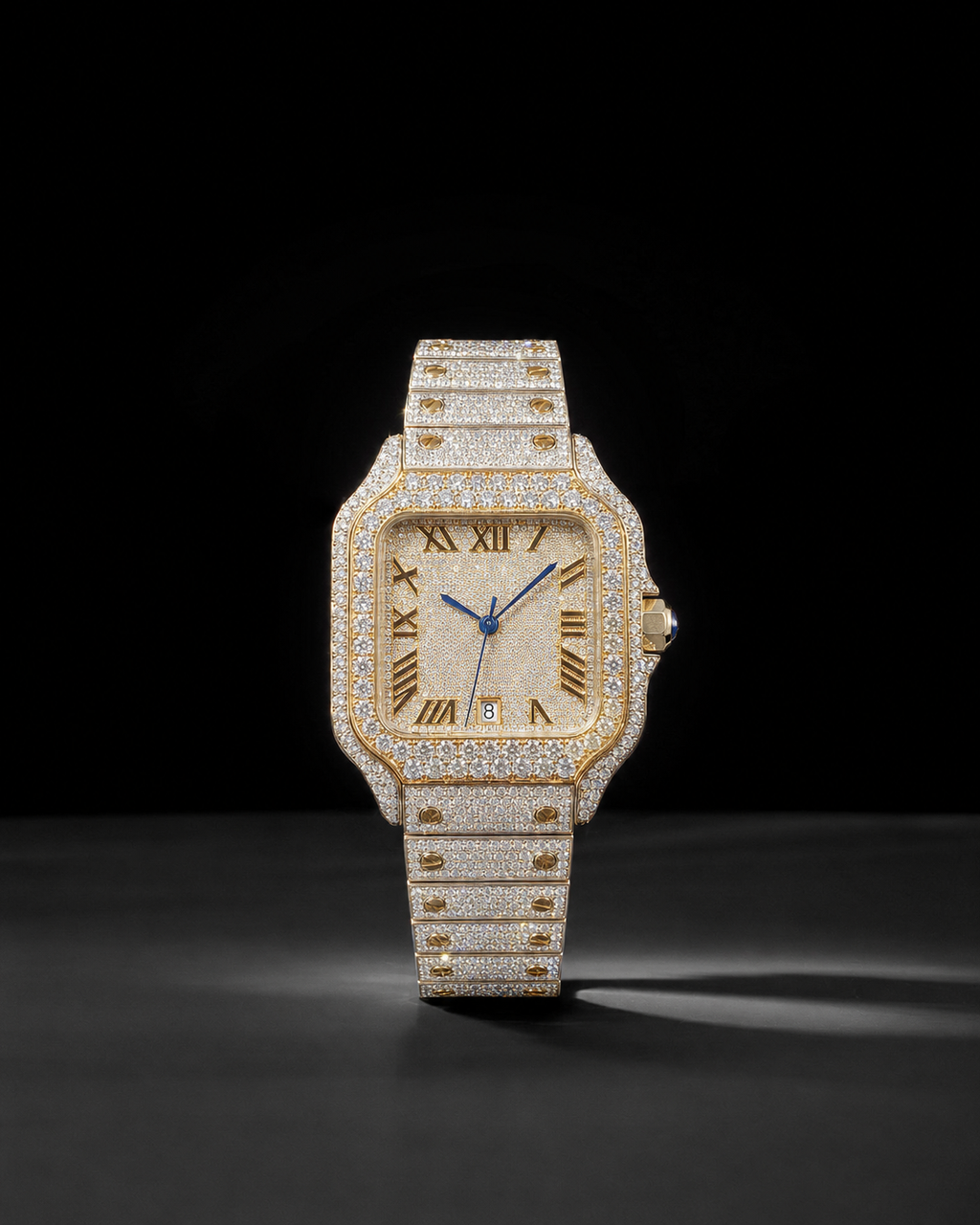Men’s 40mm Square Dial Moissanite Iced Out Watch – 14K Yellow Gold Finish