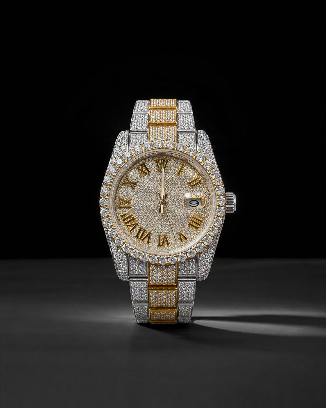 Men’s Two Tone Moissanite Iced Out Watch with Roman Dial