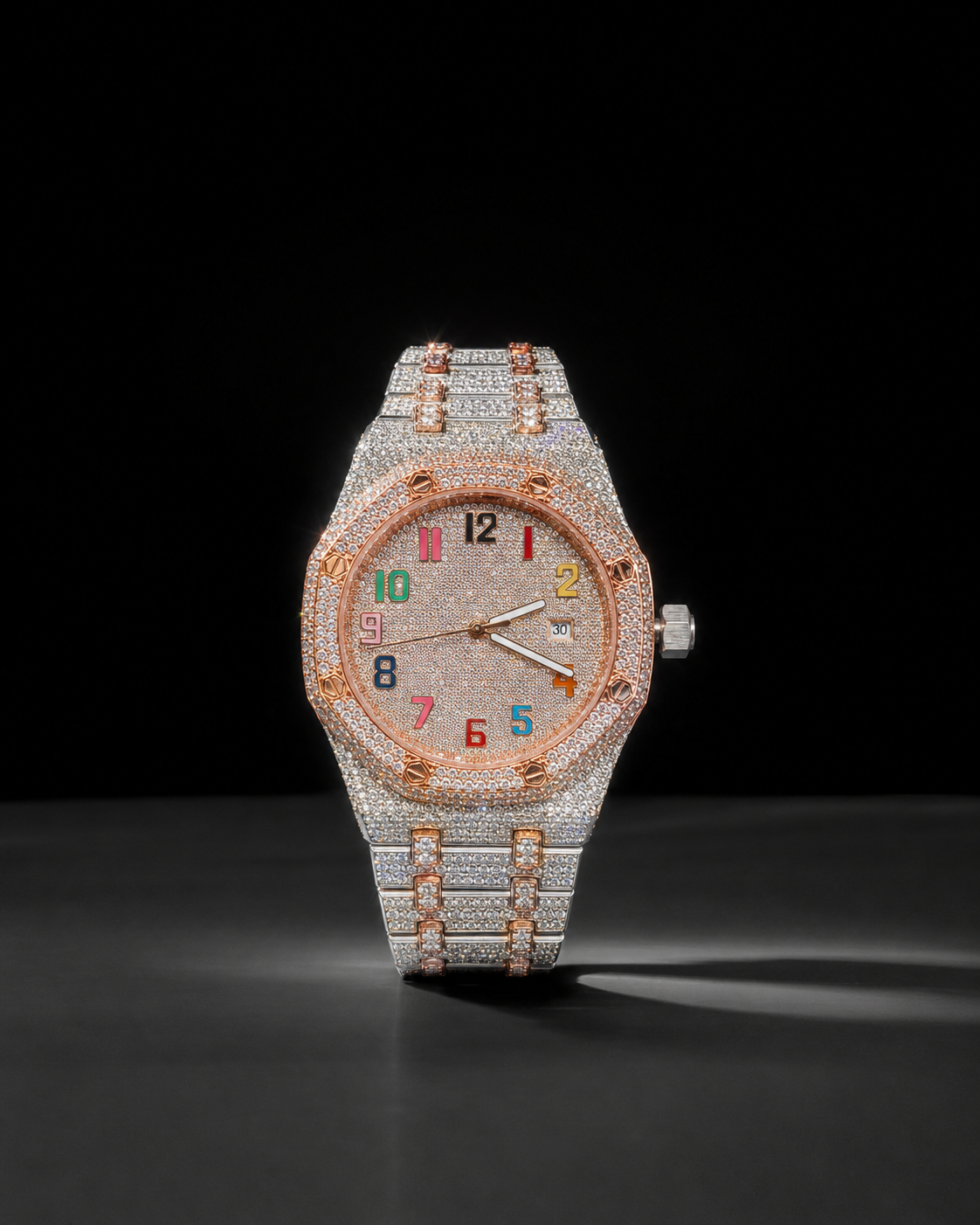 Two Tone Iced Out Watch with Rainbow Arabic Dial and VV Moissanite Stones
