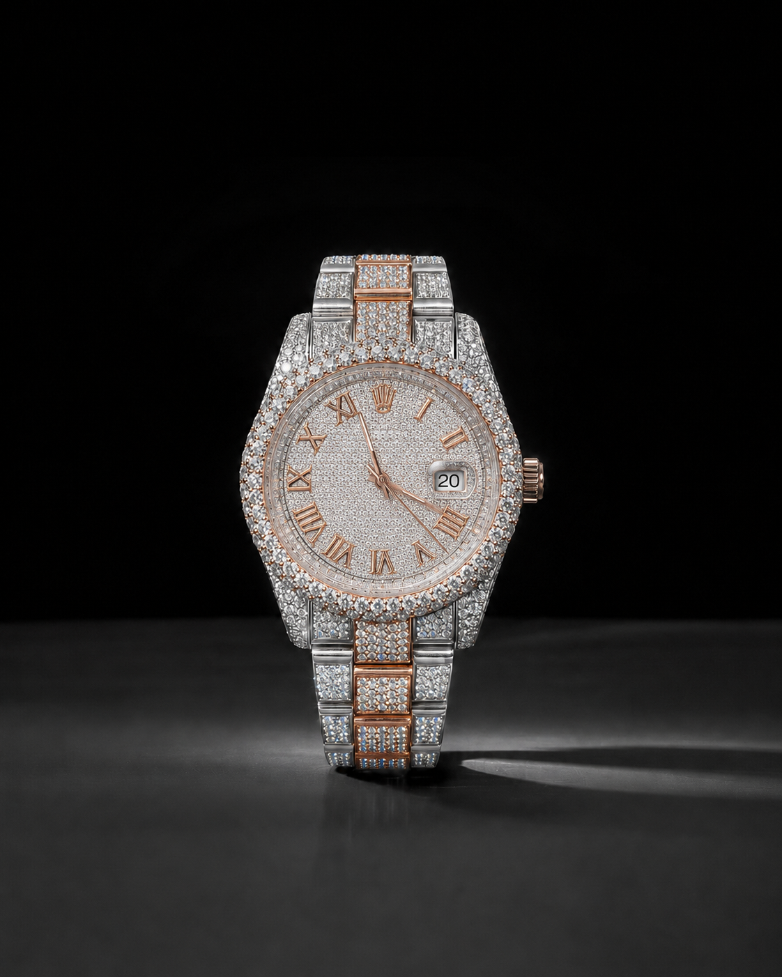 VVS Moissanite Bust Down 40mm Two Tone Roman Dial Iced Out Oyster Belt