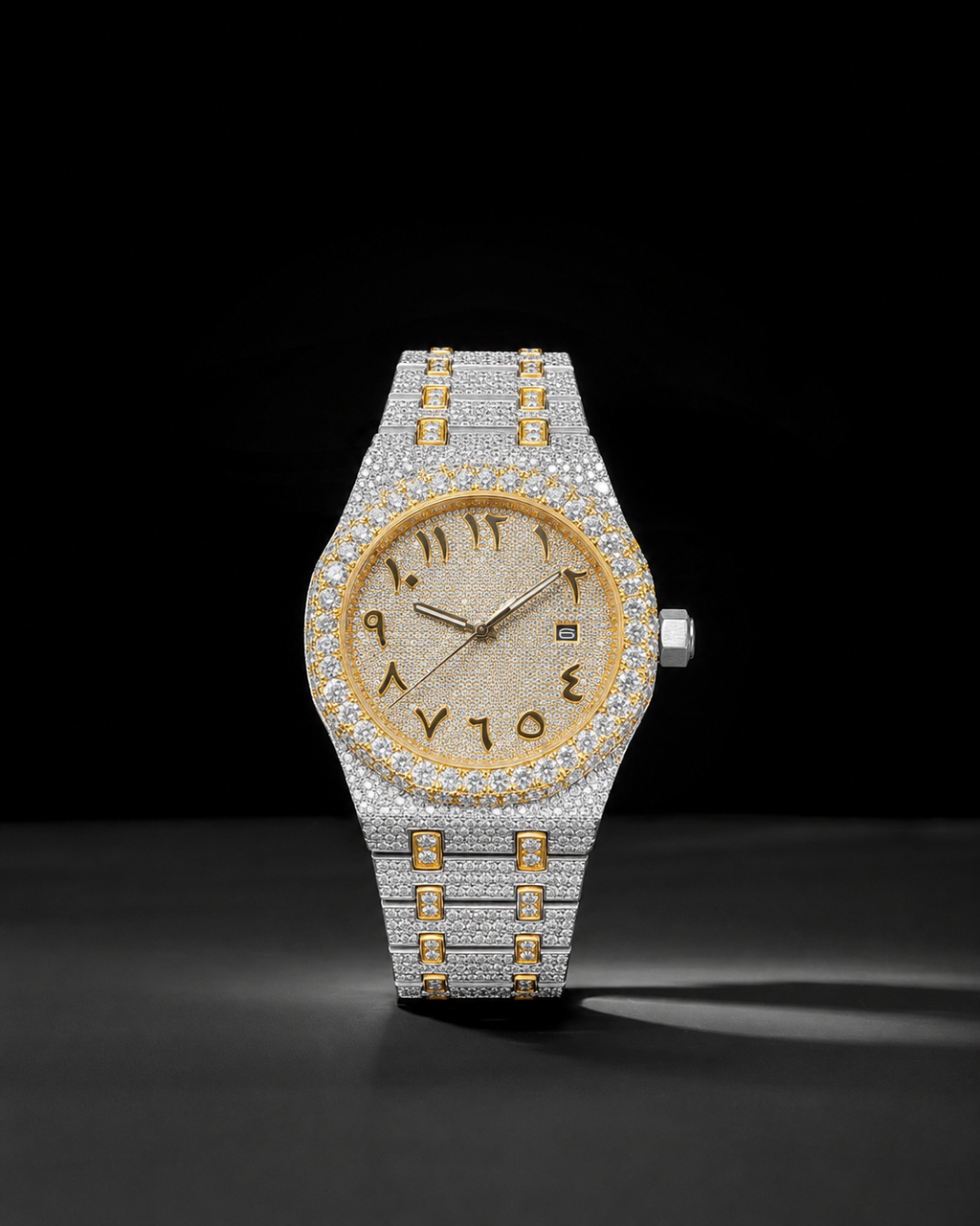 VVS Moissanite Iced Out Watch with Arabic Dial 41mm Two Tone Bust Down