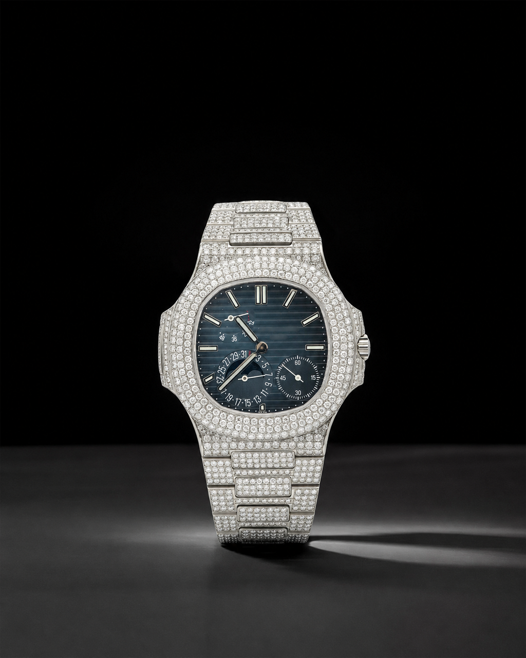 Iced Out Multi-Function Watch 36mm VVS Moissanite With Dark Blue Face