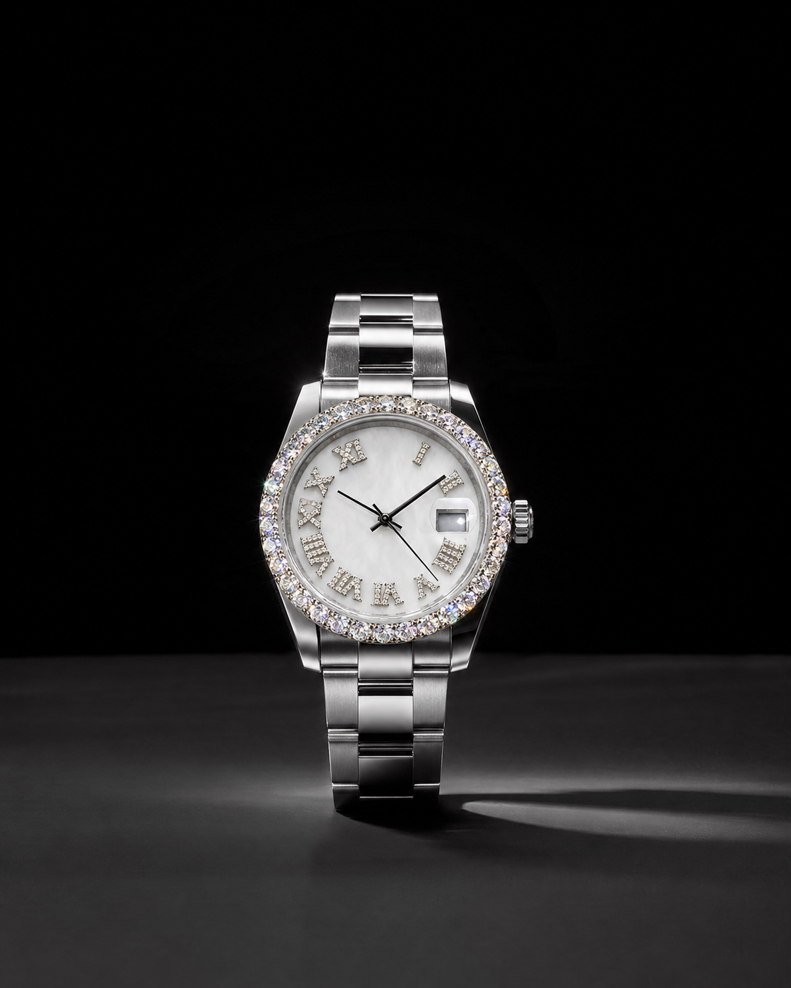 Silver Roman Dial Watch for Men with Diamond Style Moissanite Bezel
