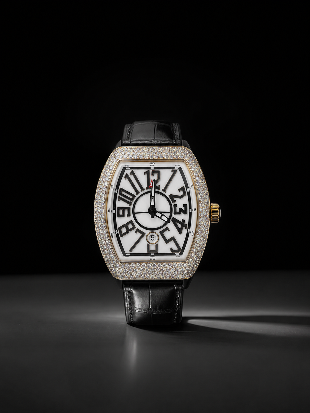 VVS Moissanite Bust Down Watch with Black Leather Strap