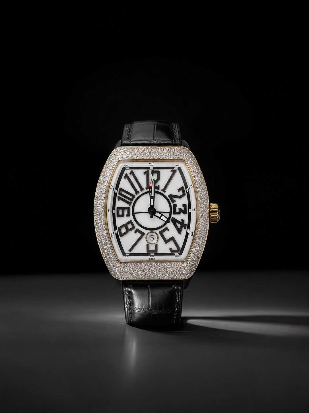 VVS Moissanite Bust Down Watch with Black Leather Strap