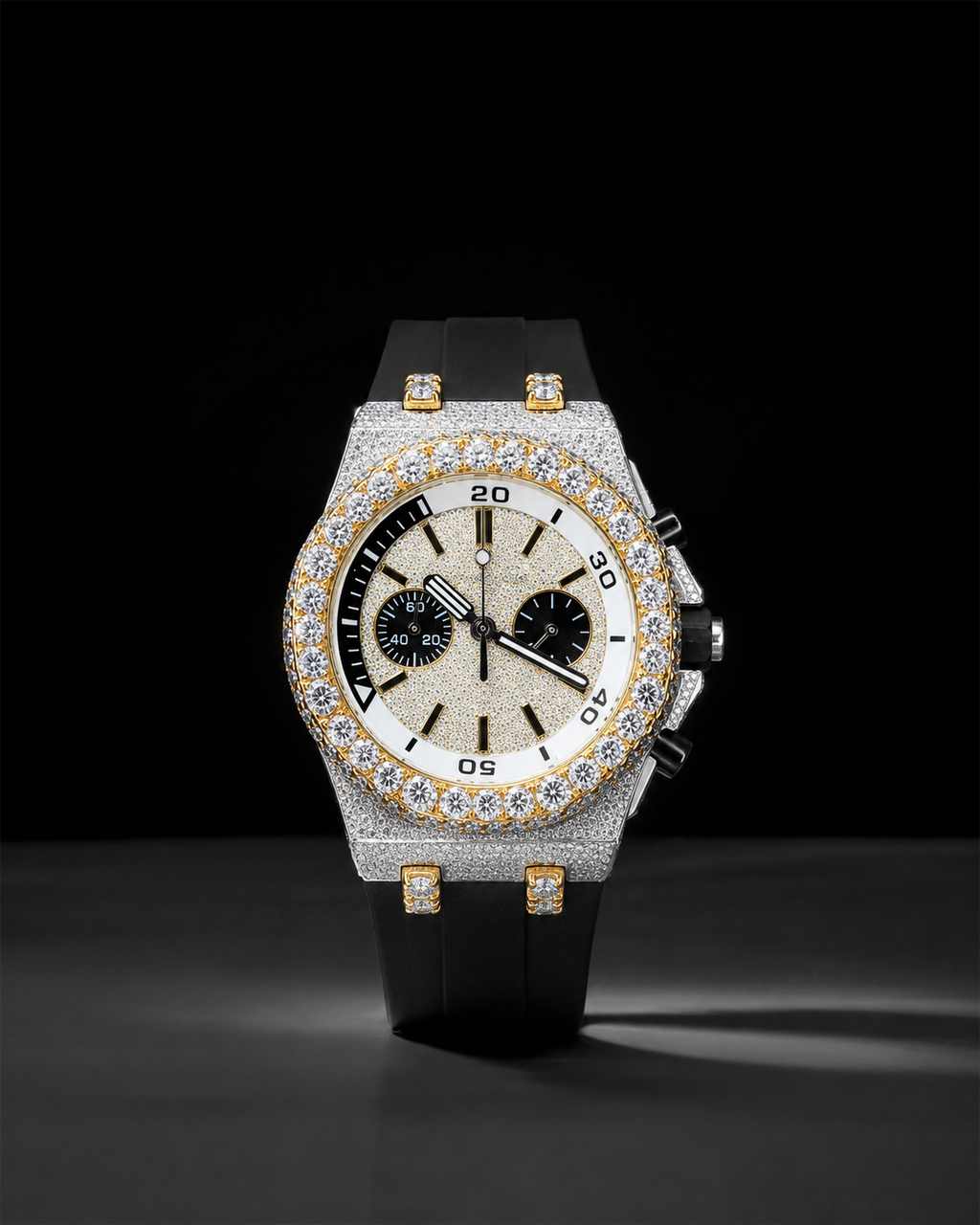 Men’s Iced Out Chronograph Watch VVS Moissanite Bust Down Rubber Strap