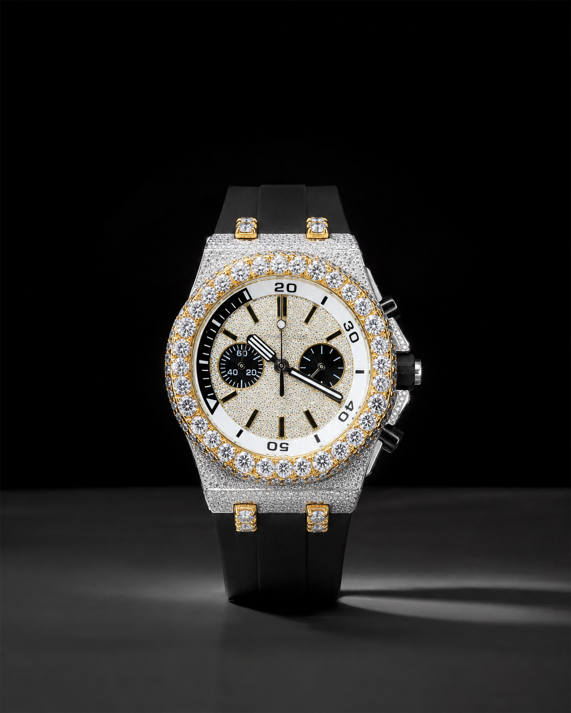 Men’s Iced Out Chronograph Watch VVS Moissanite Bust Down Rubber Strap