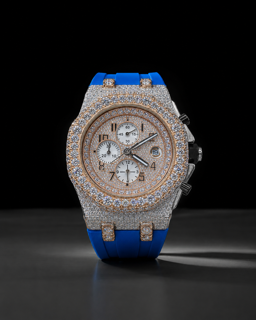 Blue Strap Iced Out Chronograph Watch for Men VVS Moissanite Rose Gold Tone