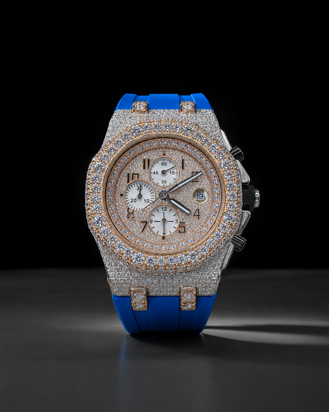 Blue Strap Iced Out Chronograph Watch for Men VVS Moissanite Rose Gold Tone