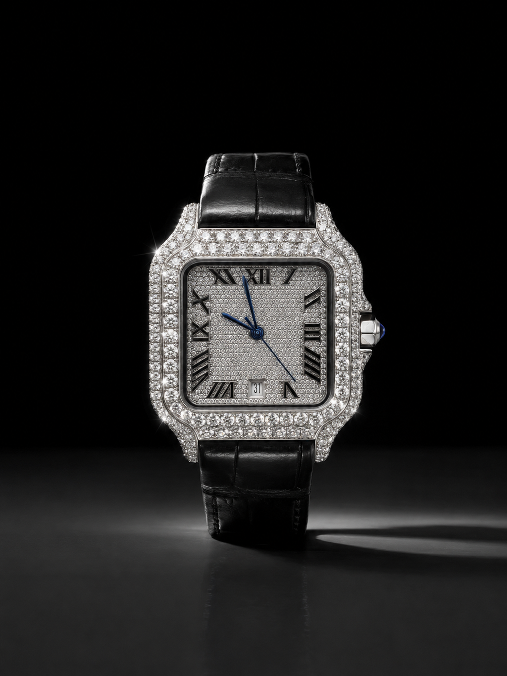 VVS Moissanite Men’s Watch with White Gold Finish and Leather Belt