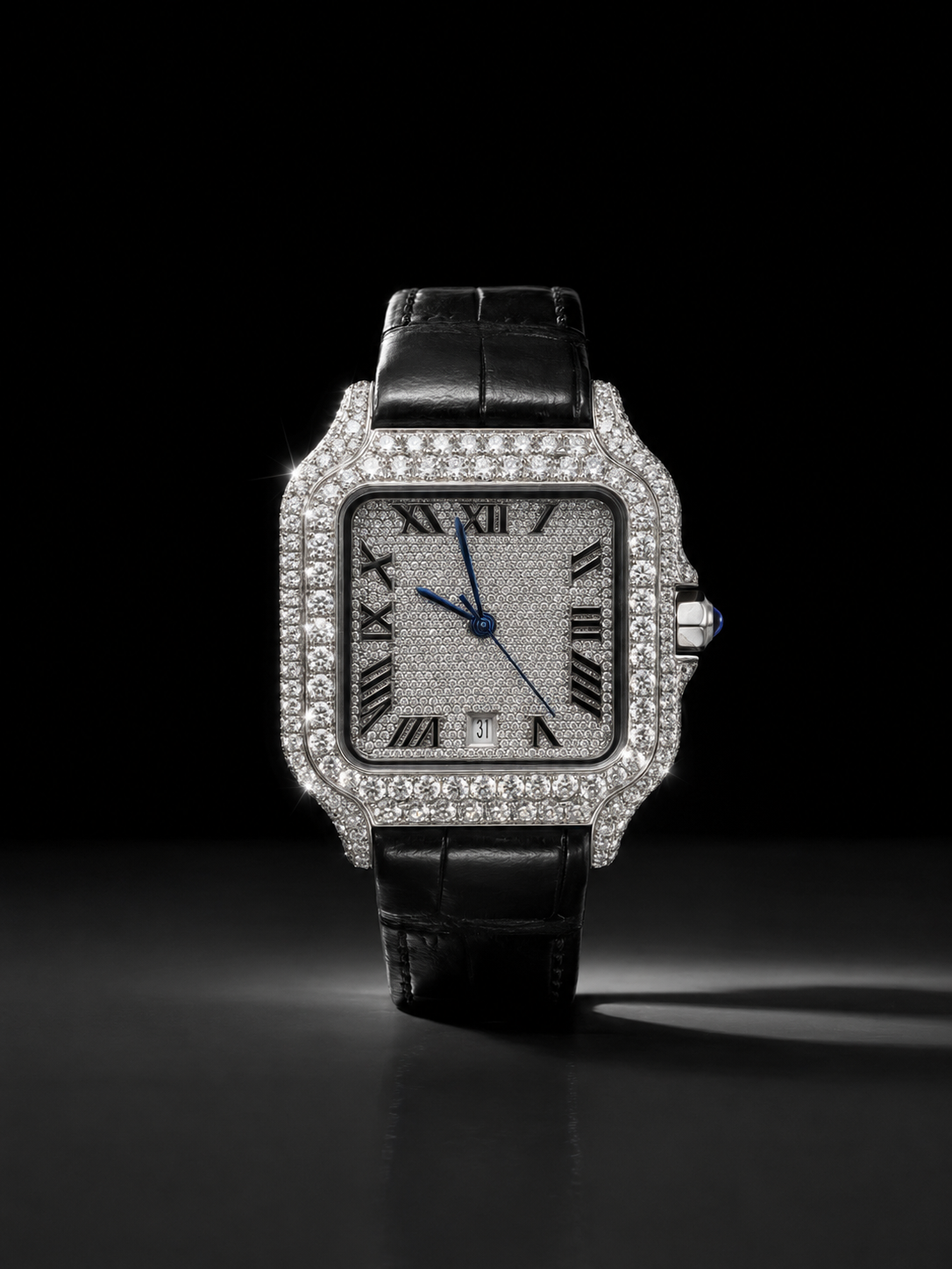VVS Moissanite Men’s Watch with White Gold Finish and Leather Belt
