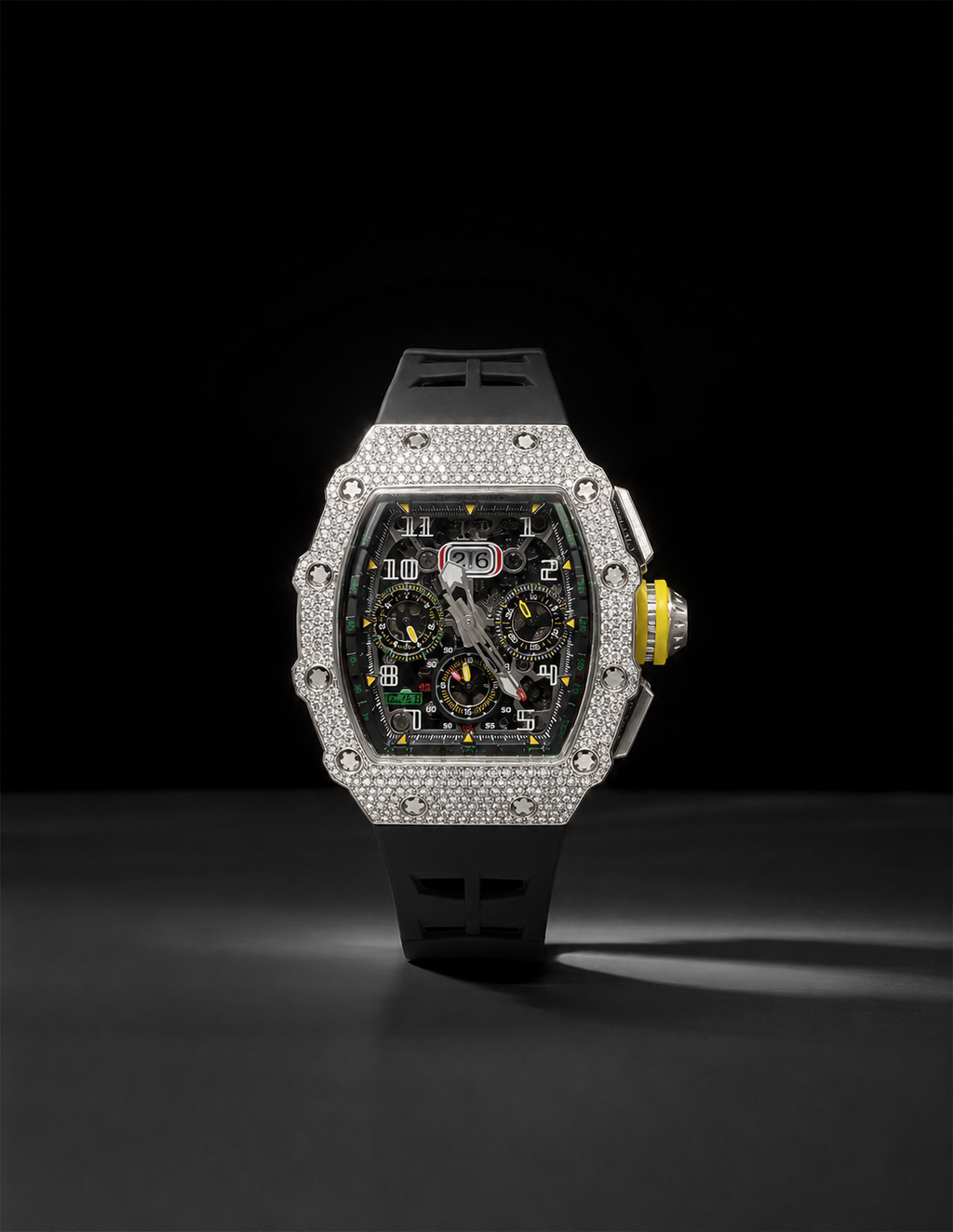 Luxury Men’s Iced Out Watch with Black Rubber Strap and White Gold Finish
