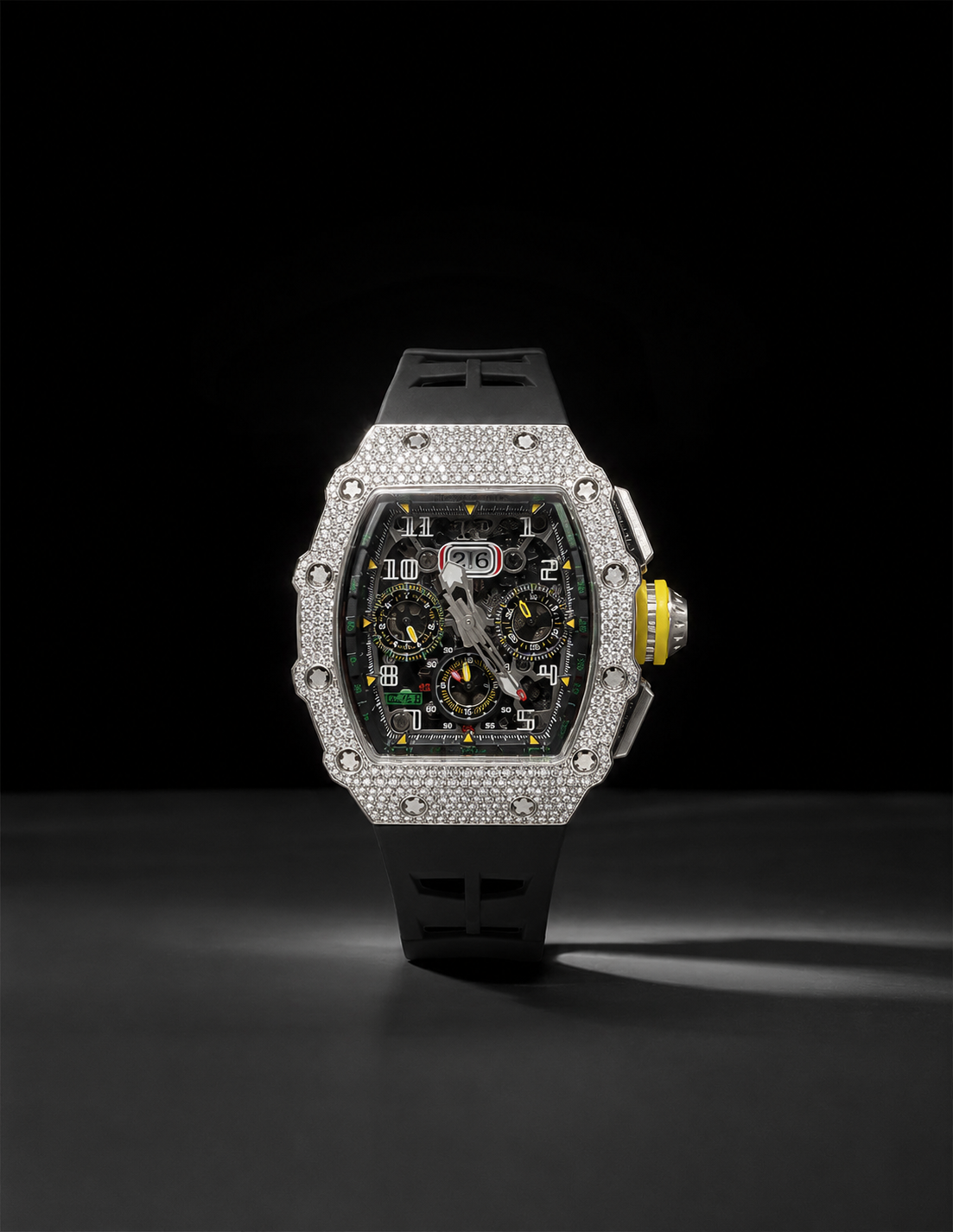 Luxury Men’s Iced Out Watch with Black Rubber Strap and White Gold Finish