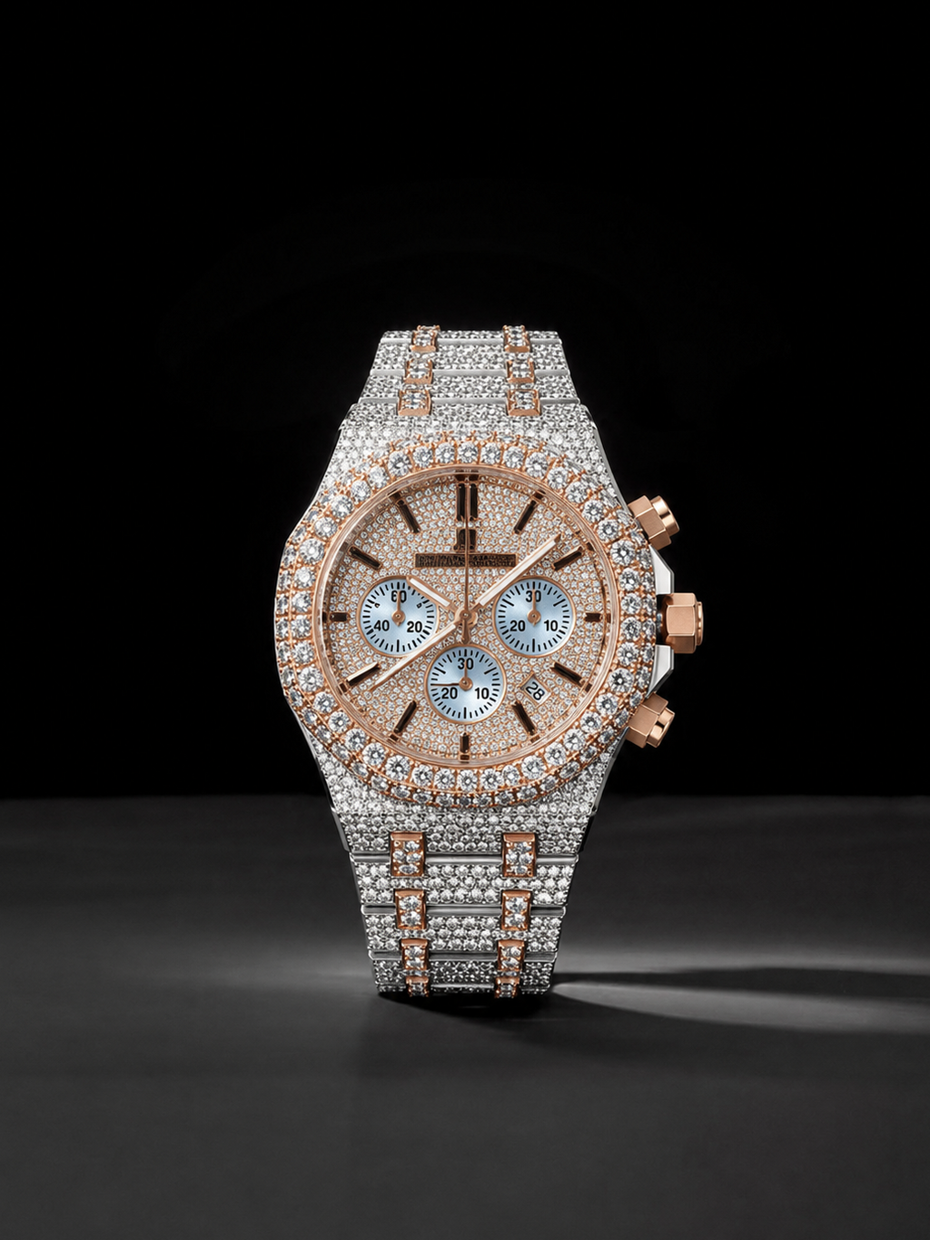 Two Tone Rose Gold White Gold Iced Out Watch for Men Chronograph Style