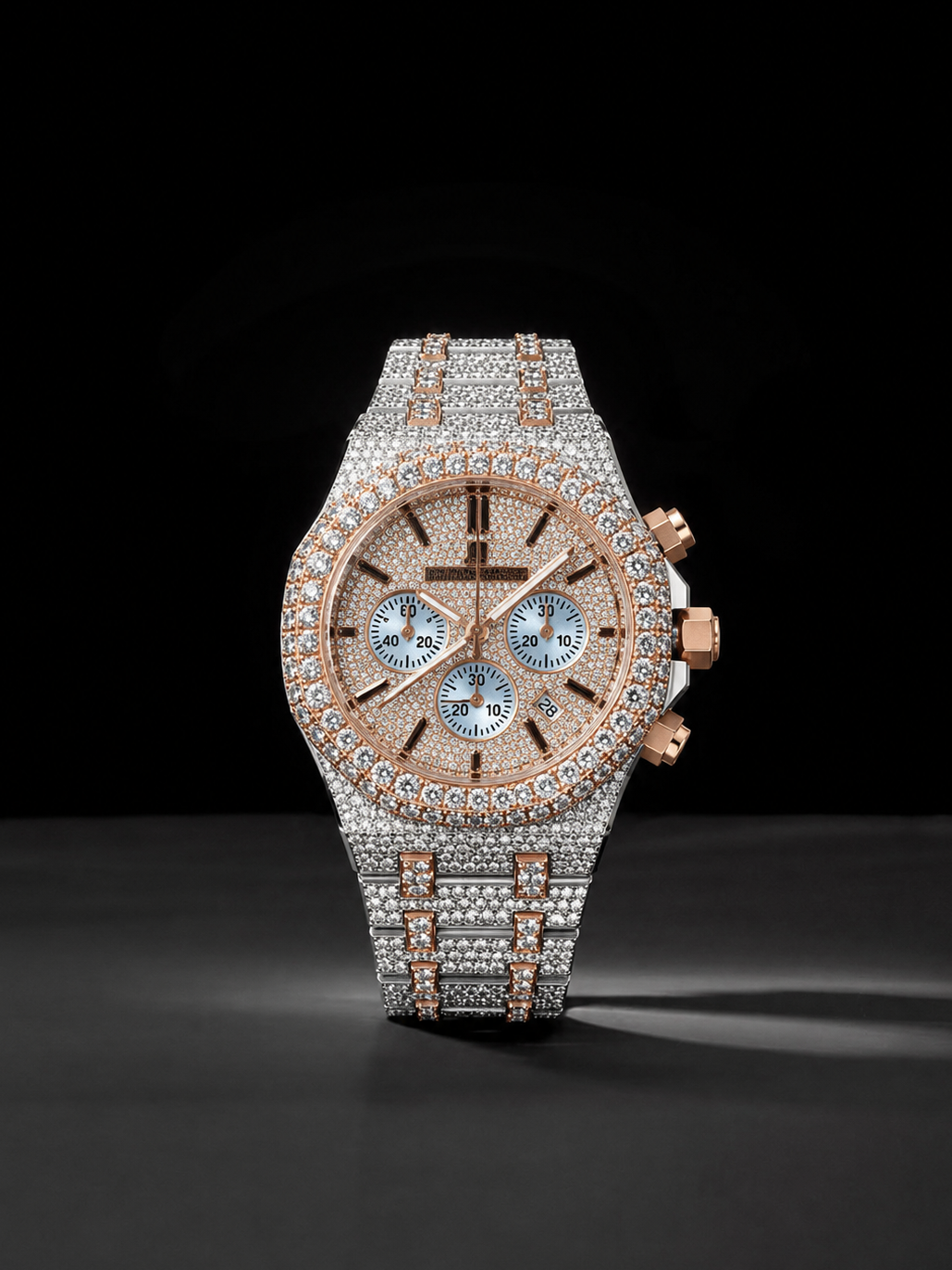 Two Tone Rose Gold White Gold Iced Out Watch for Men Chronograph Style