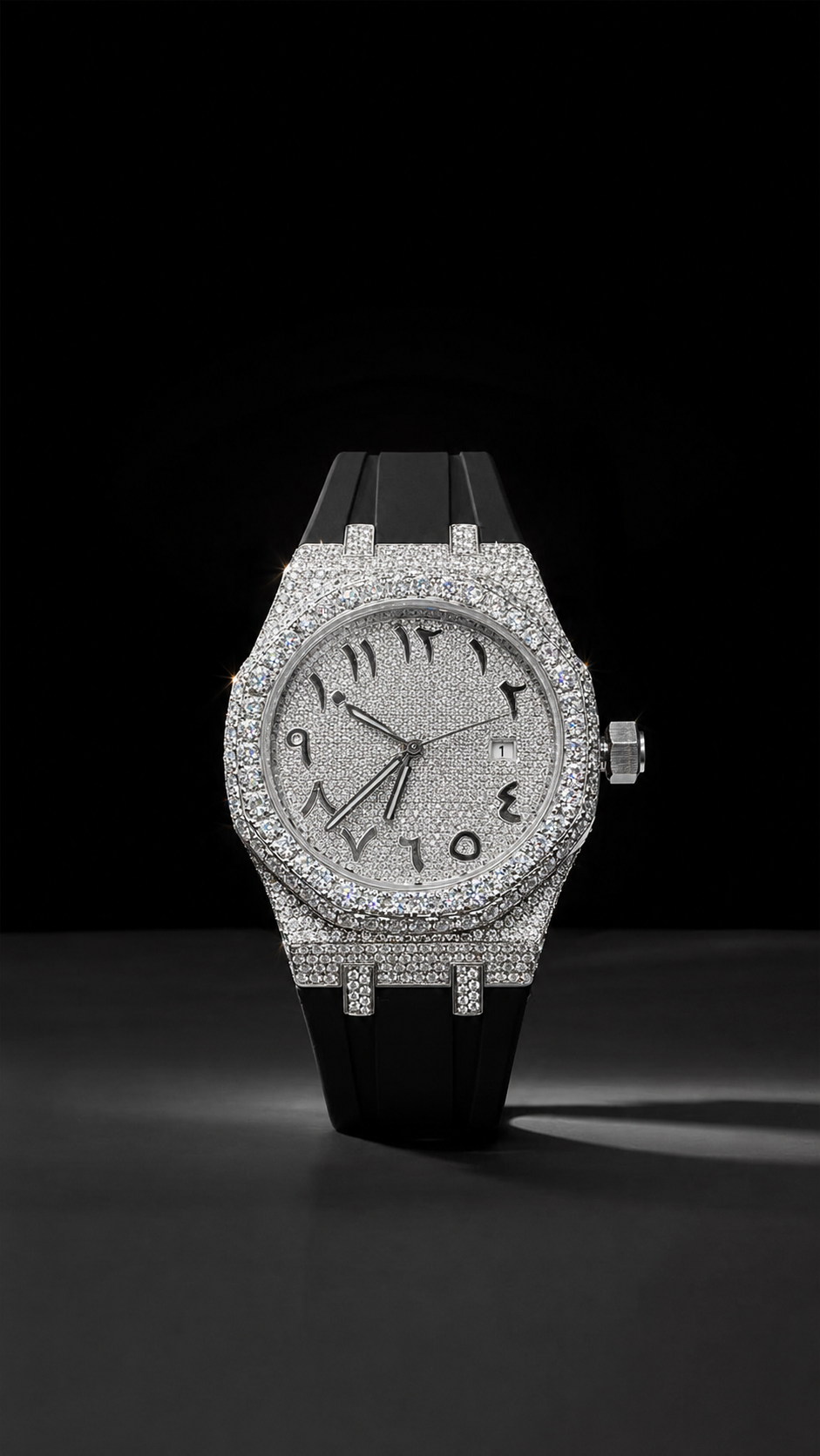 White Gold Finish Arabic Dial Iced Out Watch for Men Rubber Strap