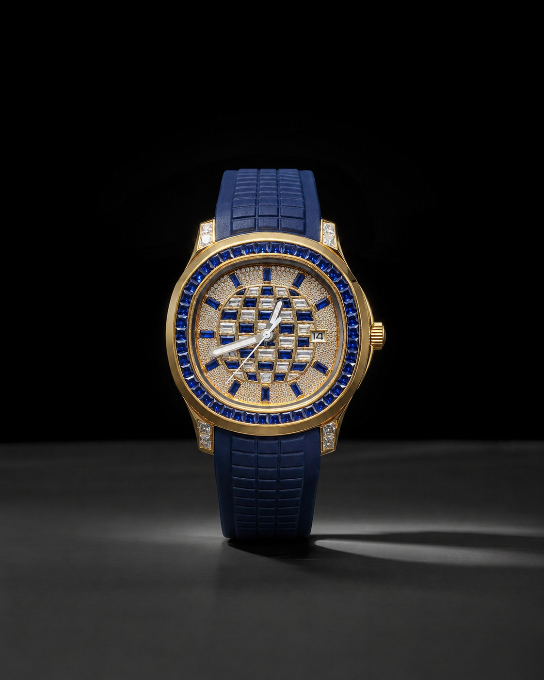Blue Dial Iced Out Watch for Men Yellow Gold Finish with Rubber Strap
