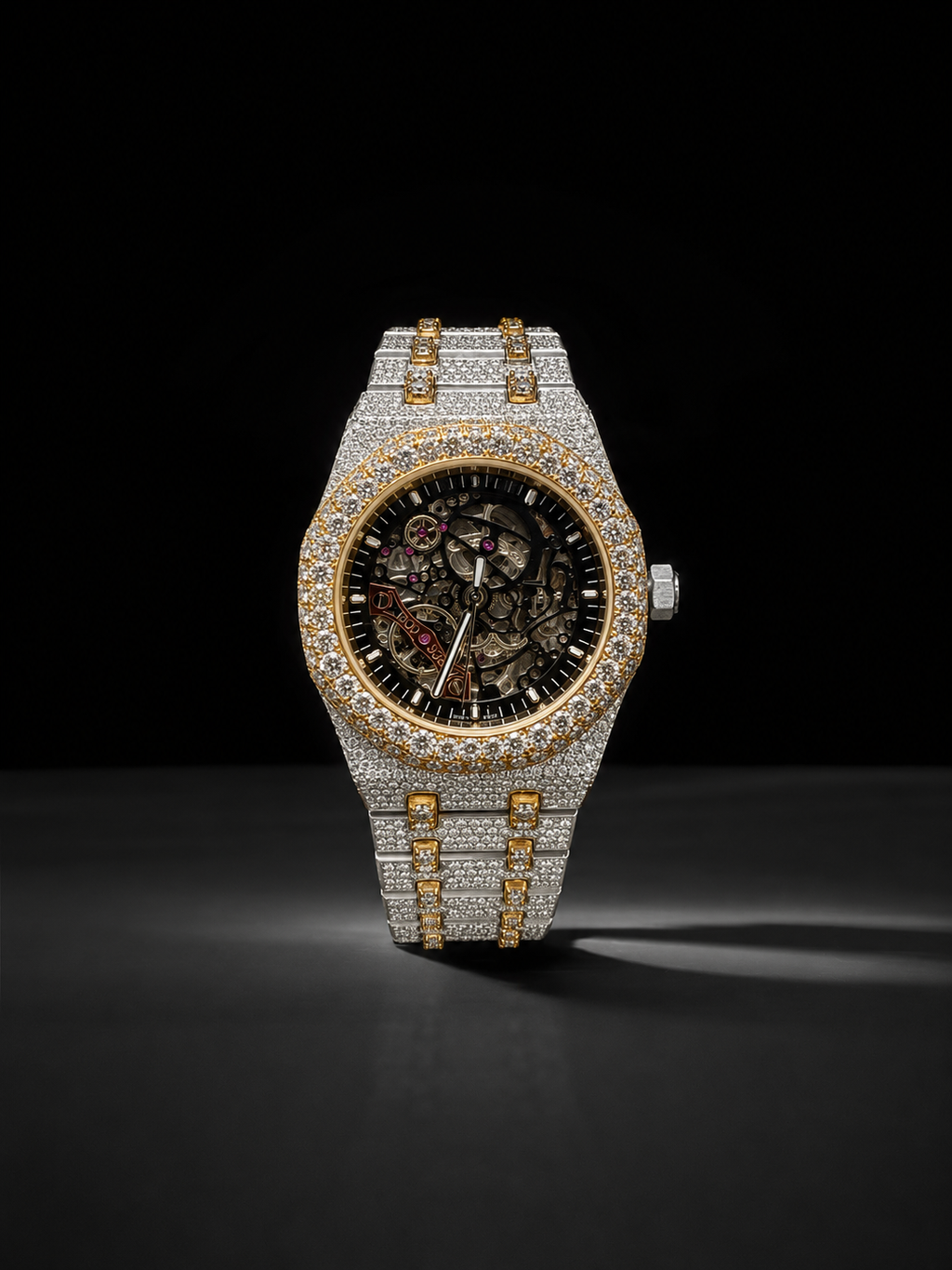 Men’s Luxury Bust Down Skeleton Watch Two Tone White Yellow Gold Finish