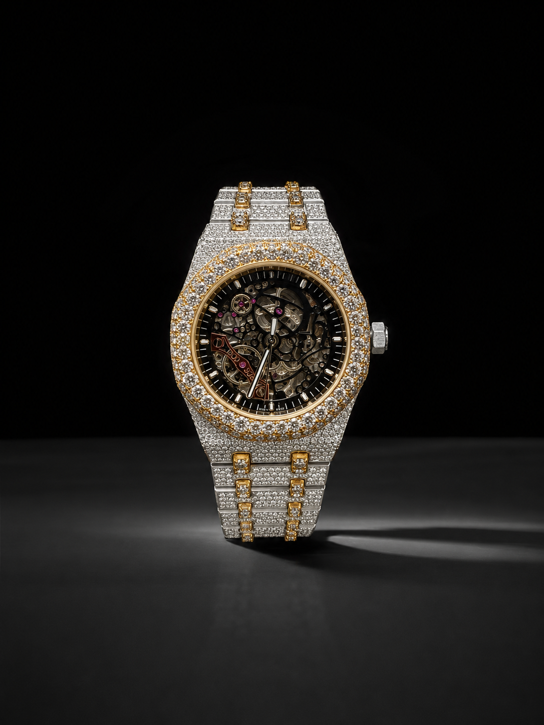 Men’s Luxury Bust Down Skeleton Watch Two Tone White Yellow Gold Finish
