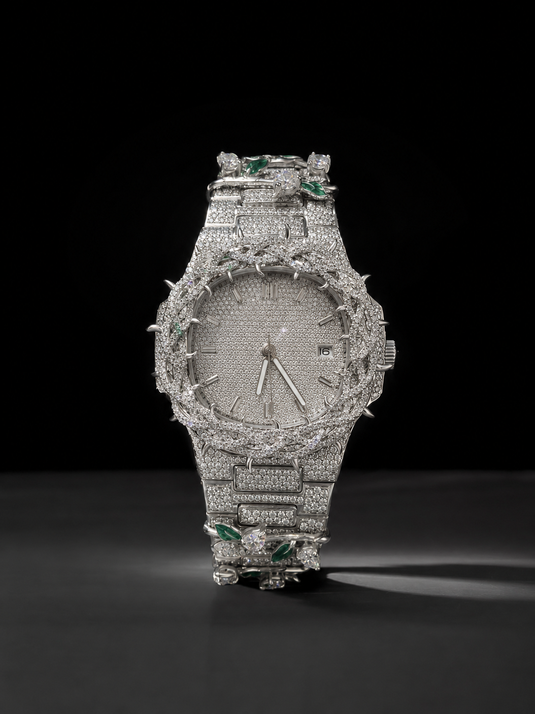 White Gold Finish Thorn Iced Out Watch for Men Hip Hop Bust Down Jewelry
