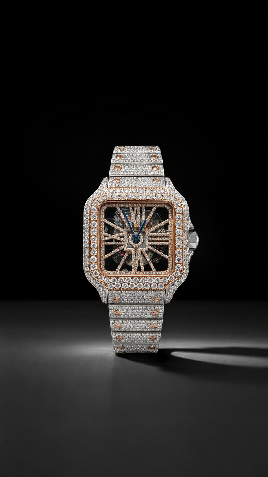Luxury Two Tone Iced Out Watch for Men Moissanite Skeleton Roman Dial