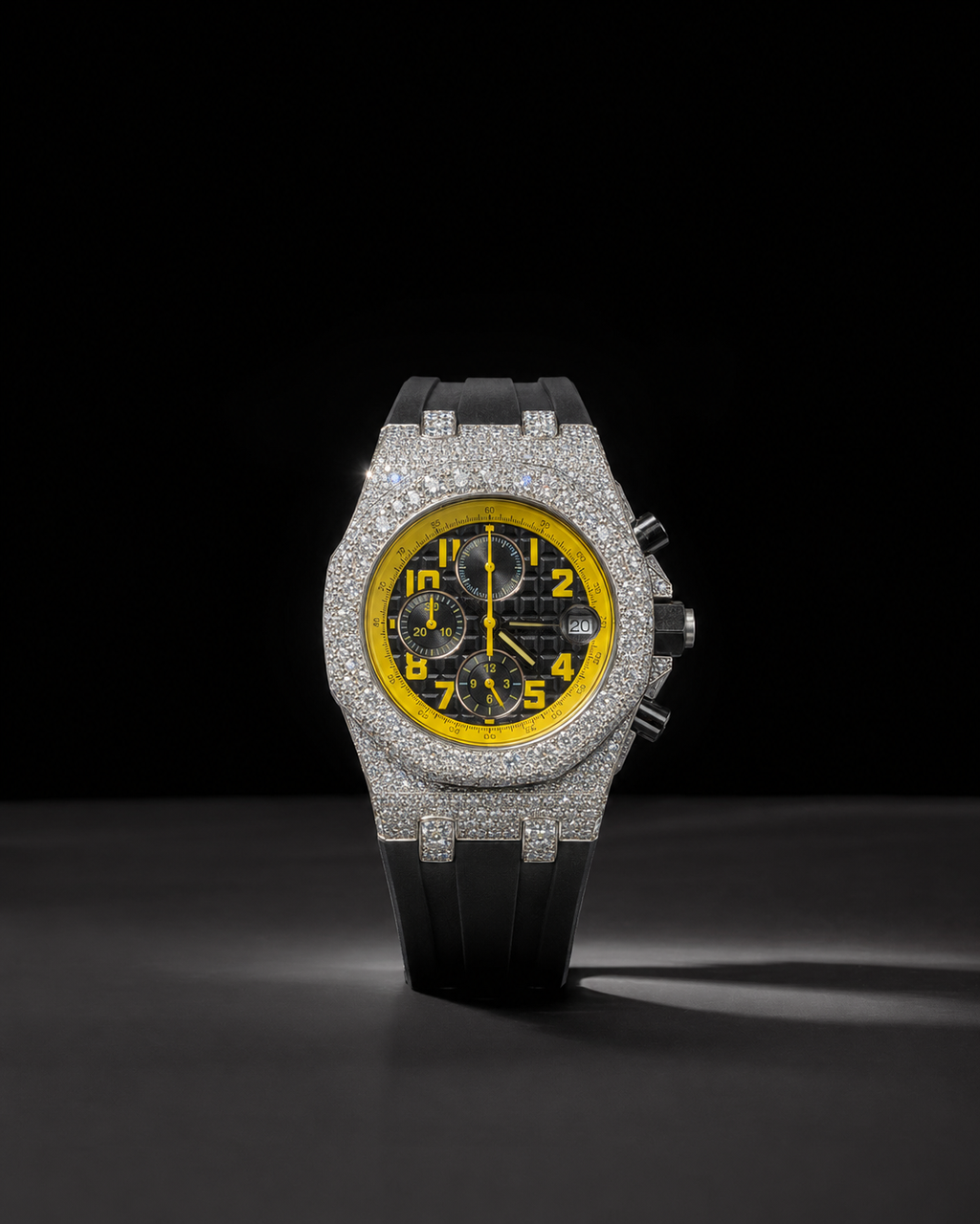 Iced Out Chronograph Watch with Yellow Numerical Dial and Black Rubber Strap