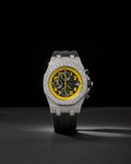Iced Out Chronograph Watch with Yellow Numerical Dial and Black Rubber Strap