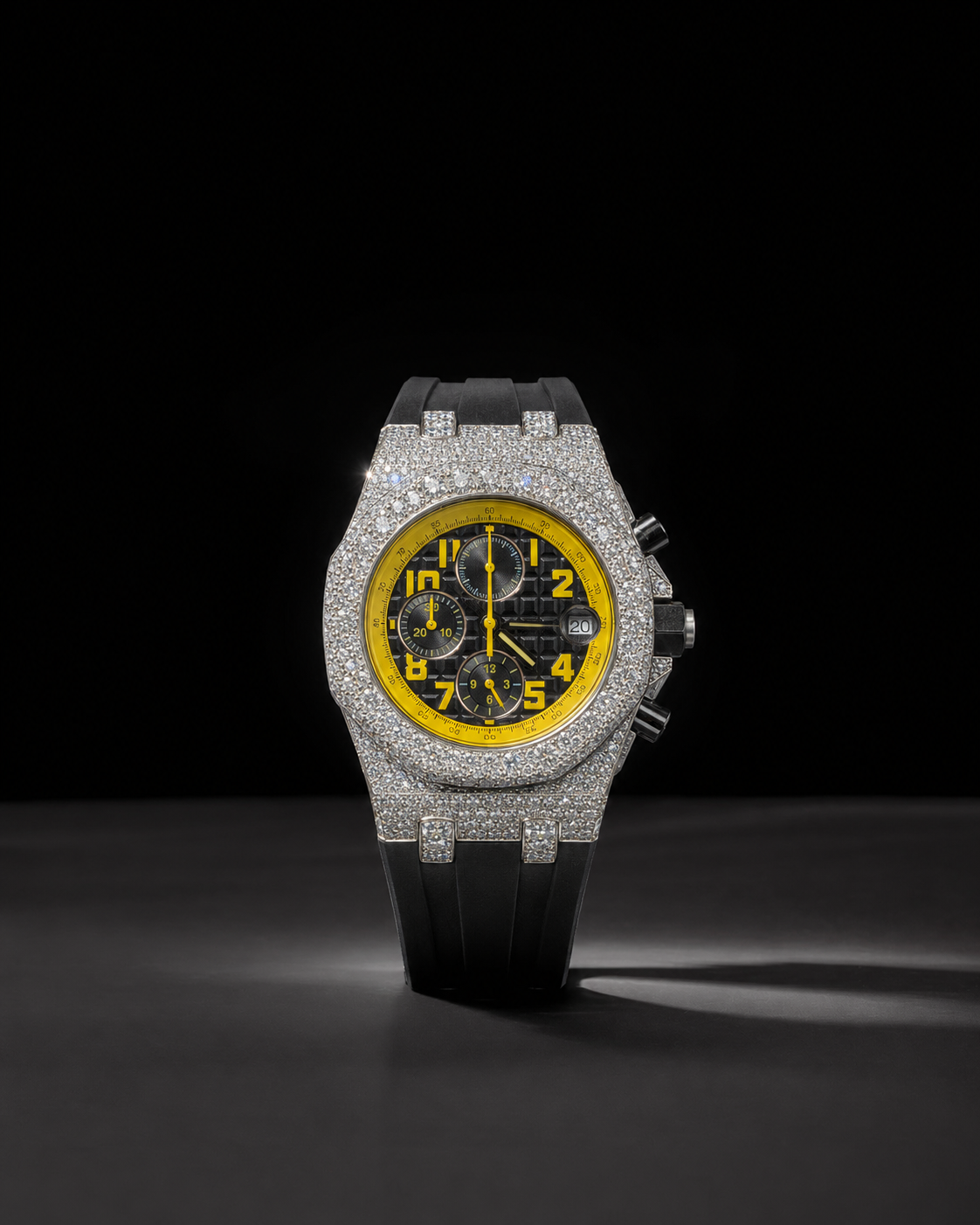 Iced Out Chronograph Watch with Yellow Numerical Dial and Black Rubber Strap