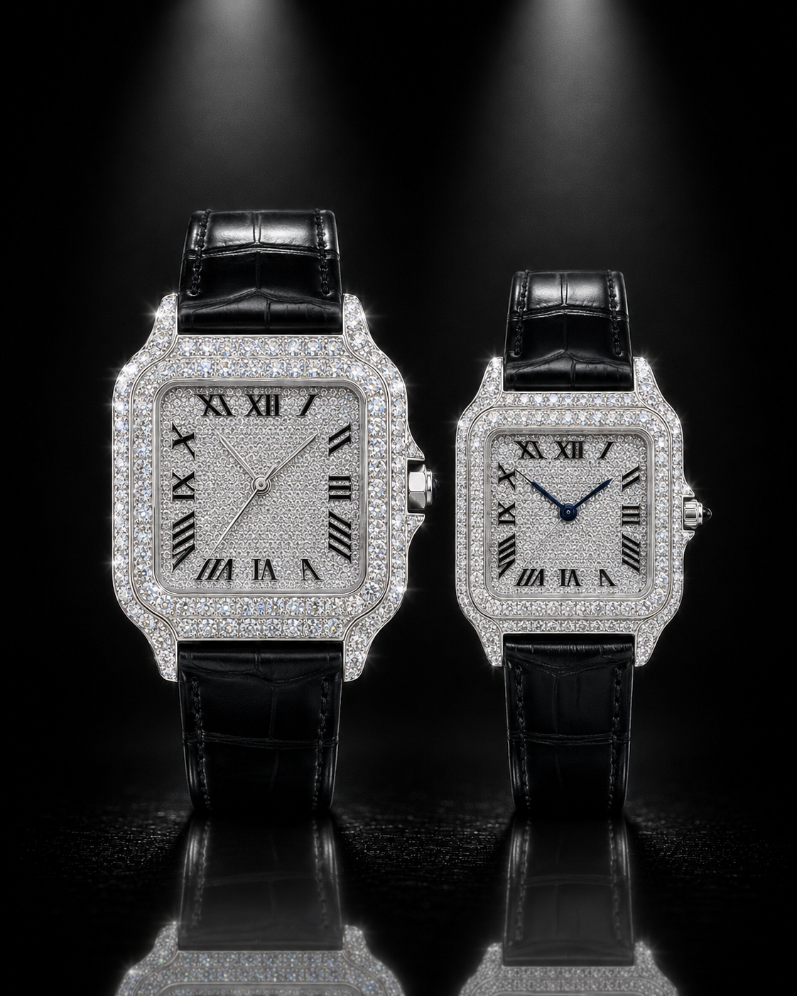 Iced Square Roman Dial Couple Watch Set with Black Leather Strap