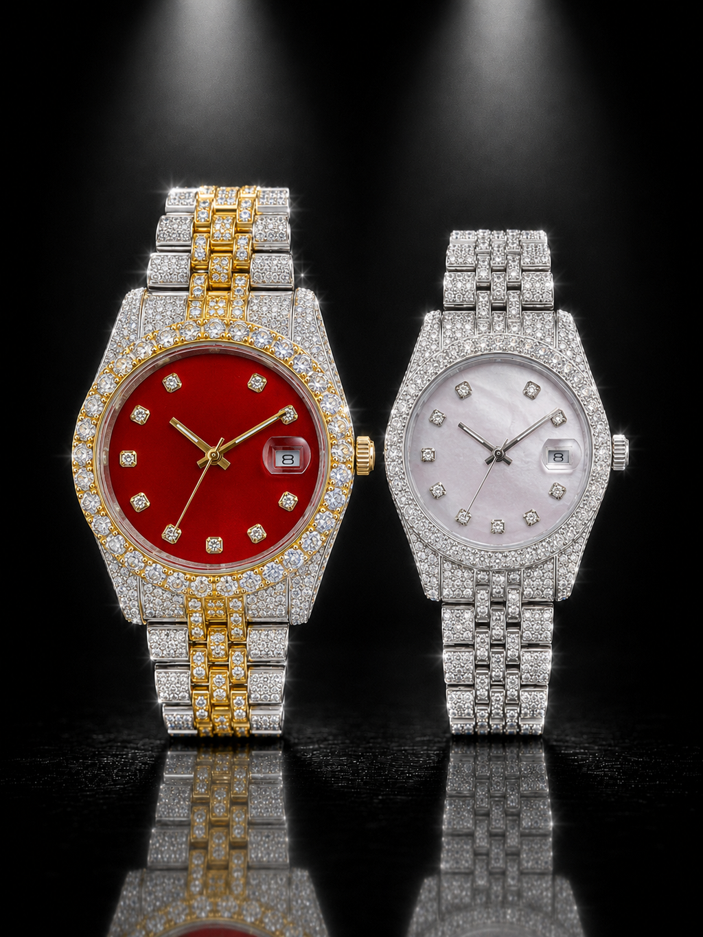 Iced Couple Watch Set with Red Dial & White Dial | Two-Tone and Silver Bracelet Watches