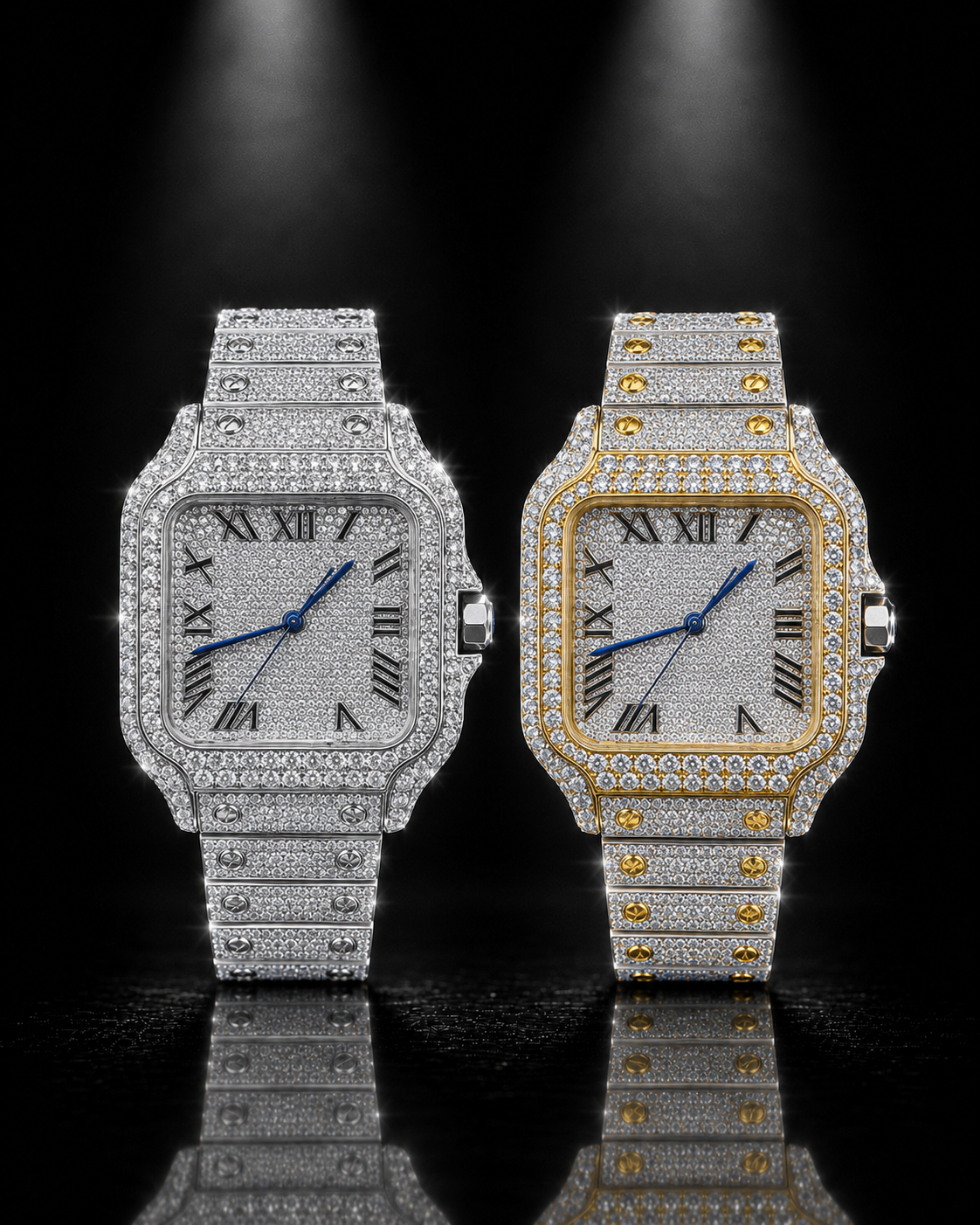 Full Iced Square Roman Dial Watch Set in Silver & Two-Tone Finish