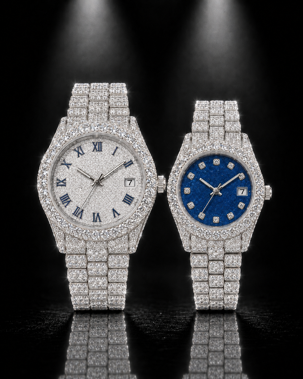 Full Iced Couple Watch Set with White & Blue Dial