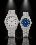 Full Iced Couple Watch Set with White & Blue Dial