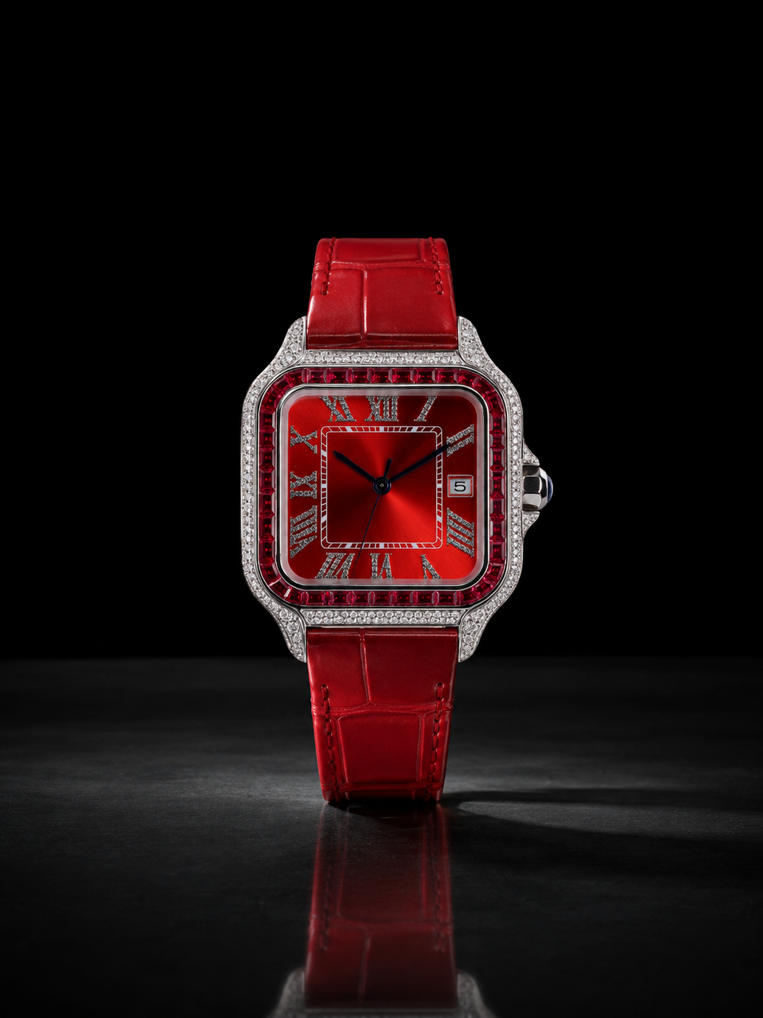 Square Red Dial Moissanite Watch with Iced Bezel – 41MM