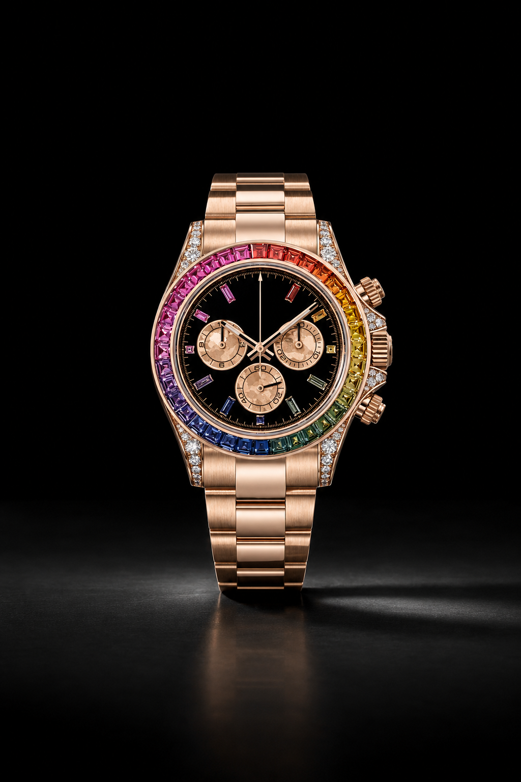 Rose Gold Rainbow Baguette Bezel Chronograph Watch with Black Dial