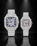 Full Iced Silver Square Couple Watch Set with Blue & Pink Roman Dial