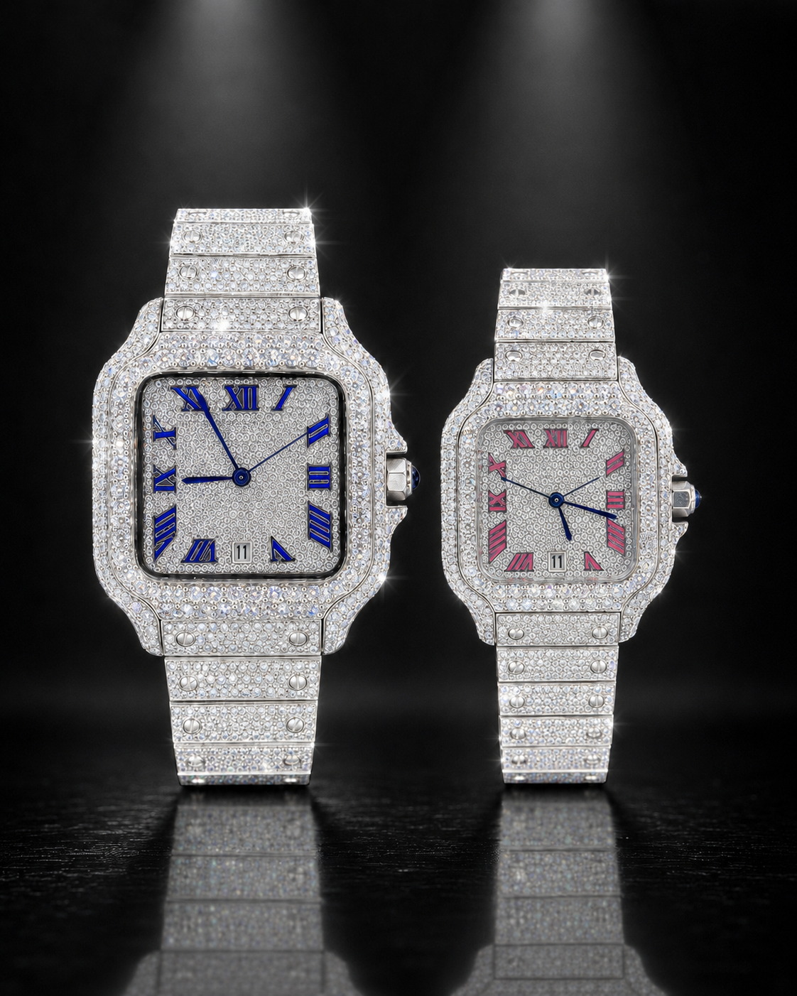 Full Iced Silver Square Couple Watch Set with Blue & Pink Roman Dial