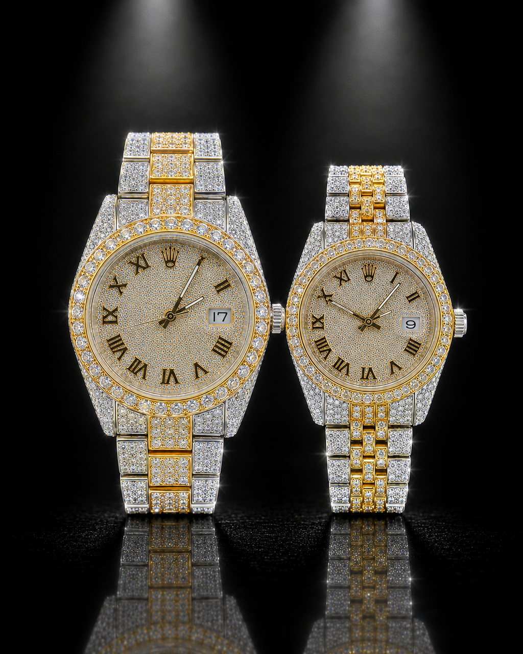 Two-Tone Iced Round Dial Couple Watch Set with Roman Numerals