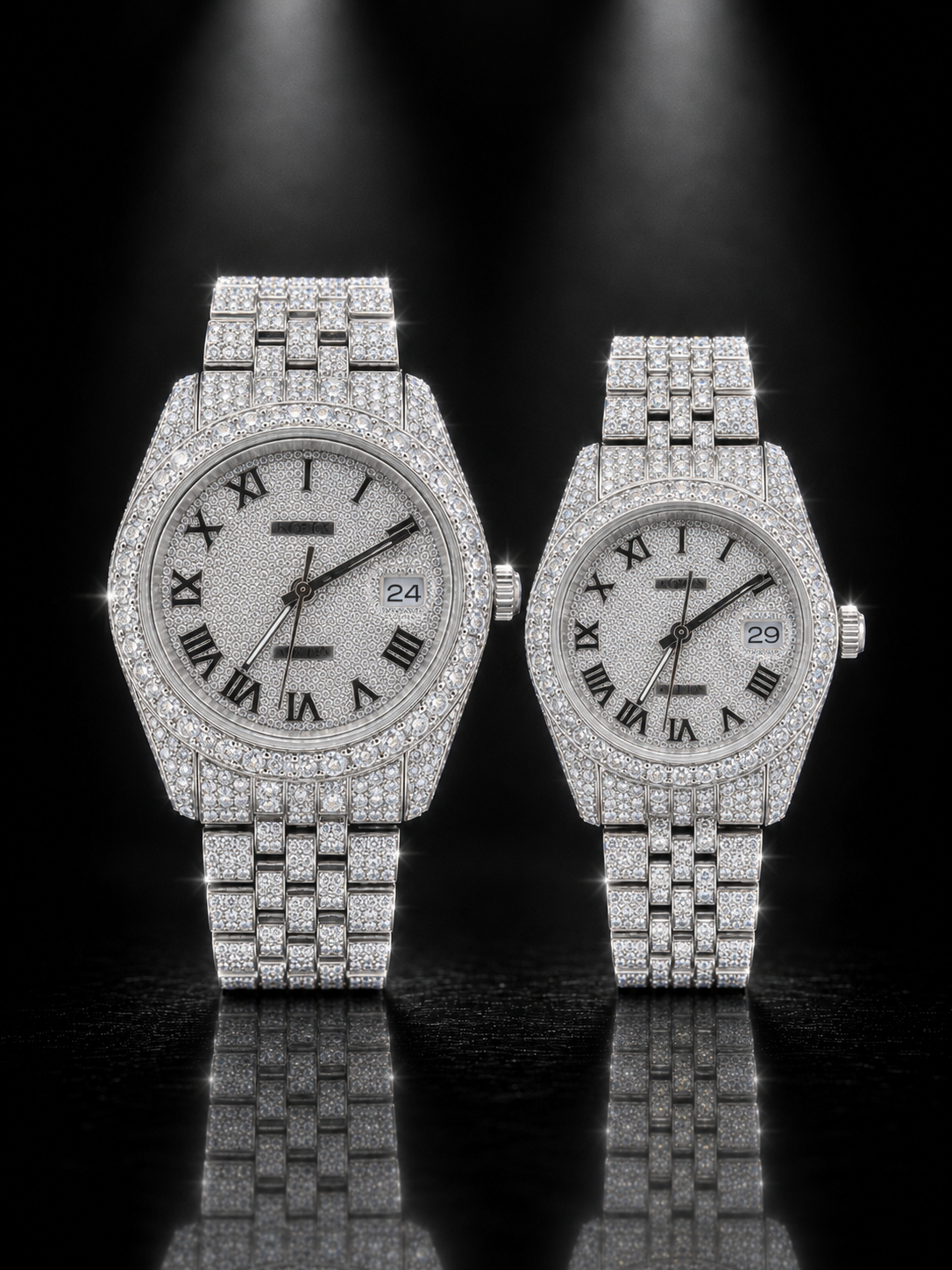 Full Iced Moissanite Couple Watch Set | 41mm & 36mm Silver Roman Dial Watches
