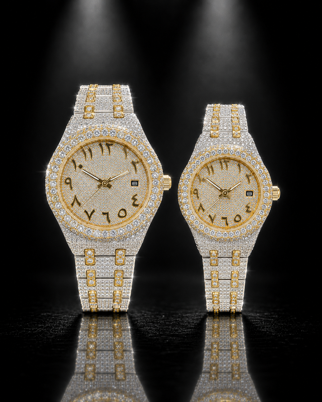Two Tone VVS D/E Moissanite Iced Out Watch Set  41MM & 36MM Arabic Dial Couple Watches