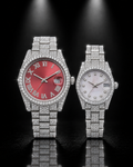 Signature Moissanite Iced Out Couple Watch Set – Red Roman & White Dial Edition