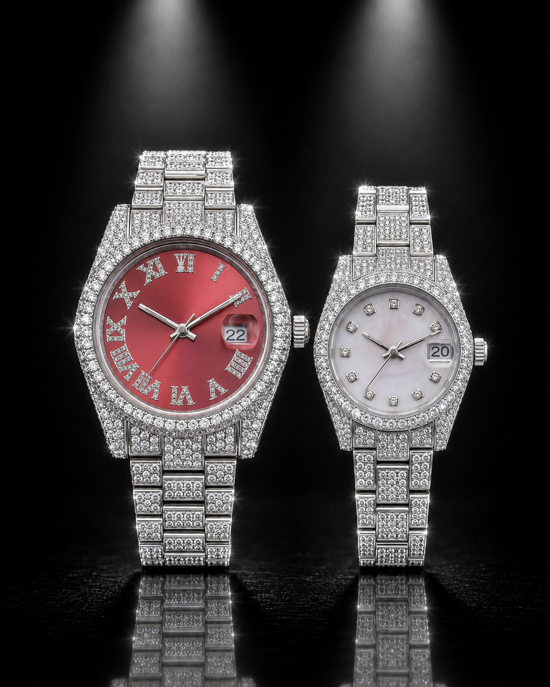 Signature Moissanite Iced Out Couple Watch Set – Red Roman & White Dial Edition