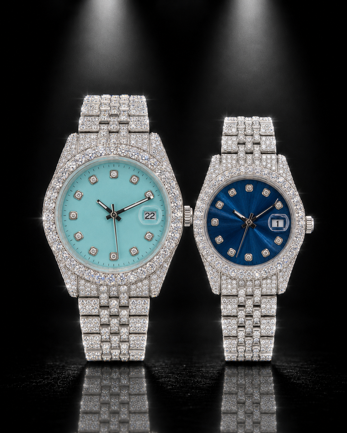 Moissanite Iced Out Couple Watch Set – 41MM Aqua Dial & 36MM Blue Dial