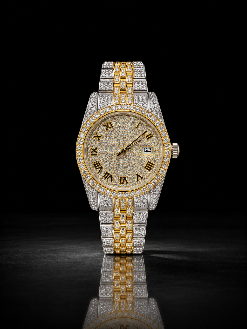 Two-Tone Full Iced Roman Dial Moissanite Watch
